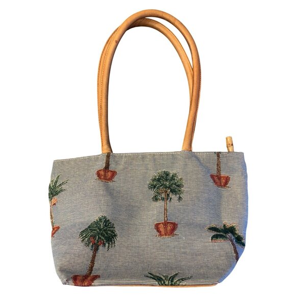 Tommy Bahama Tropical Print Tapestry Tote Handbag Small Shoulder Bag Leather Han - Picture 1 of 11